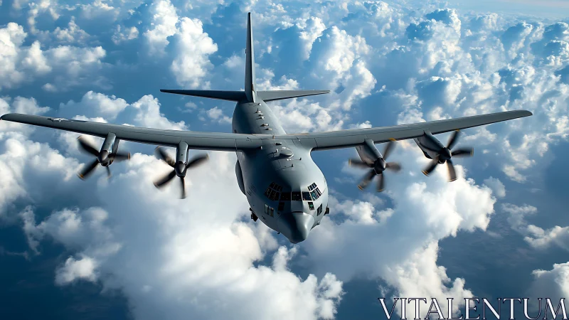 Military cargo plane cuts through sunlit clouds in flight