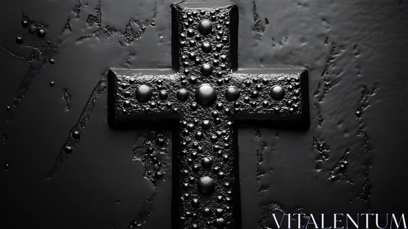 Textured black cross with gentle light and reflective depth.