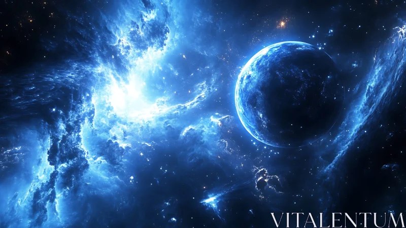 Bright blue nebula surrounding distant planet in space.