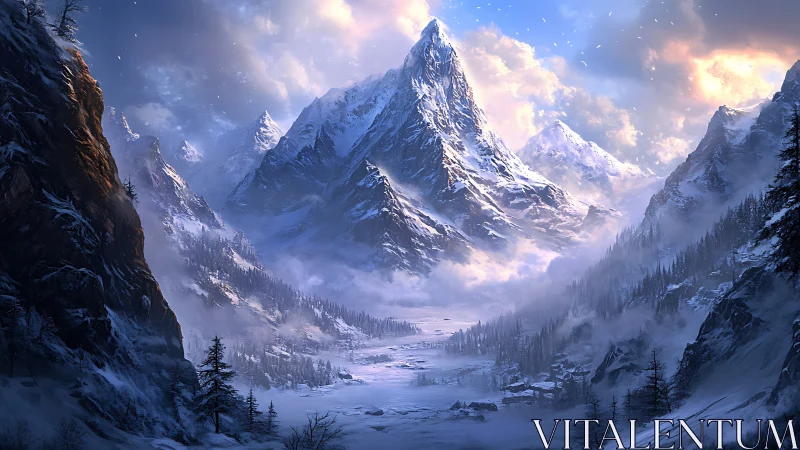 Digital painting of alpine peak in cinematic winter light.
