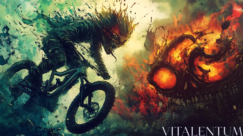 Cyclist silhouette confronting flaming skull entity in motion.
