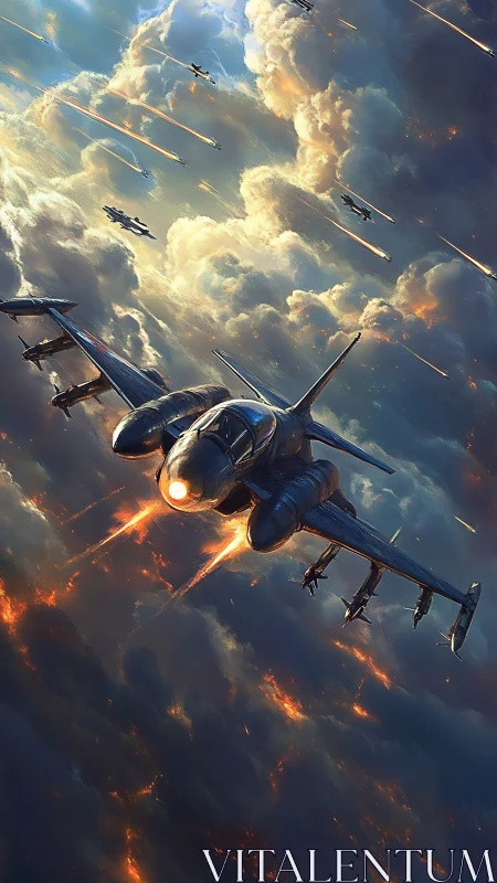 Futuristic strike fighter dives through incendiary storm clouds