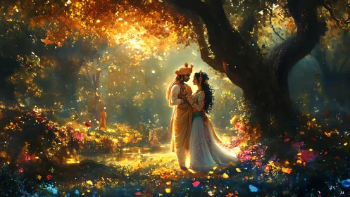 Luminous Figures Embrace Within Golden Forest Sanctuary.