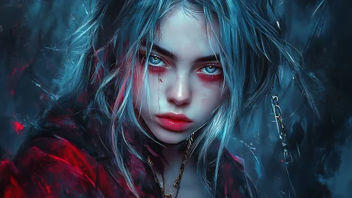 Storm-lit rebel girl holds a fierce, haunting winter gaze