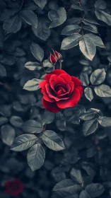 Red rose bloom centered against desaturated green foliage