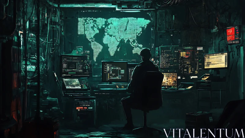 Night coder in a neon-lit underground command hideout.