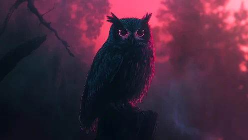 Neon-illuminated forest owl under magenta backscatter glow.