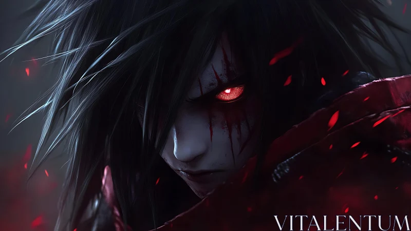 Dark-haired warrior portrait with intense red glowing eye.