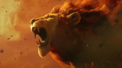 Roaring lion head emerging through blazing storm clouds.
