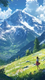 Girl observes vast alpine valley beneath towering snow peak