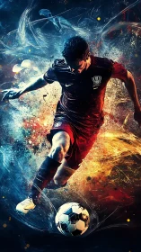 Dynamic soccer player bursting through swirling color energy.