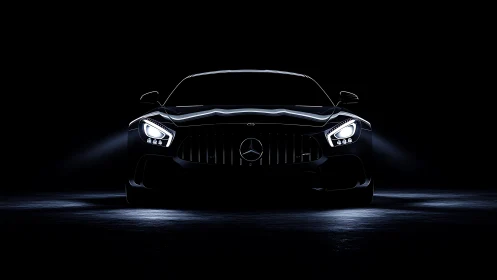 Low-key frontal portrait isolates performance coupe in darkness