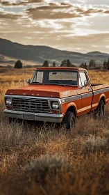 Rustic orange classic pickup truck in golden prairie sunset