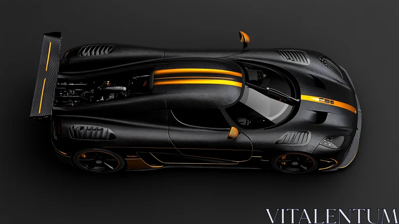 Top-down view of black carbon sports car with orange accents.