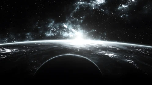 Distant star rising beyond planetary horizon in space.