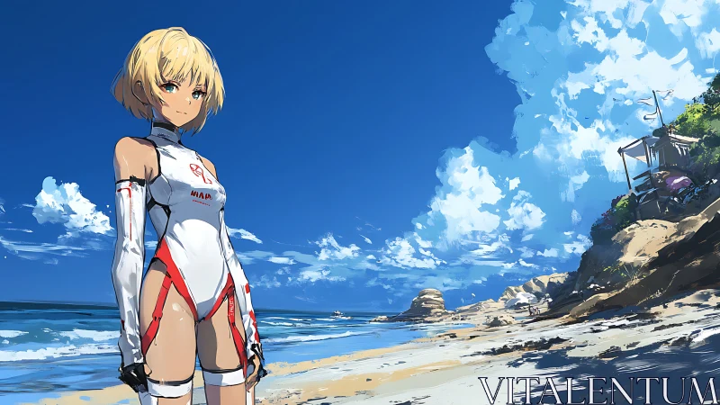 Cyborg pilot in sleek exosuit standing on sunlit ocean shore