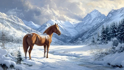 Chestnut horse standing in sunlit snowy mountain valley.