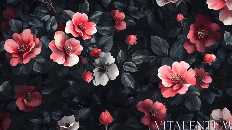 Deep Blooms: Coral Peonies Dancing Through Midnight Garden