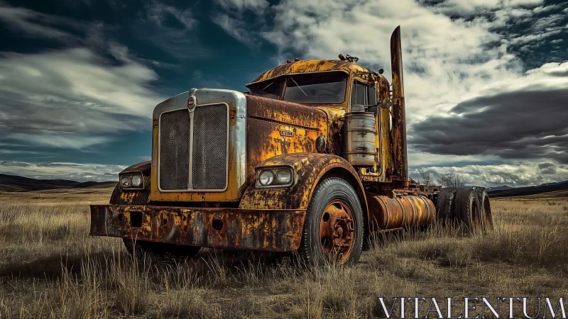 Weathered yellow semi truck rests proudly in an open field