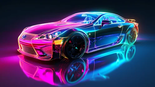 Neon-trimmed sports coupe glows in futuristic studio light.