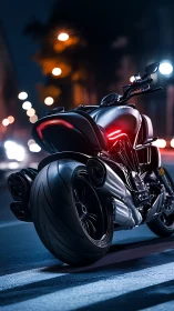 Futuristic black sport motorcycle under neon street bokeh.