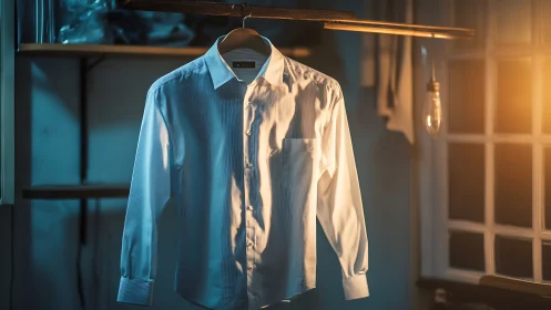 Crisp Blue Dress Shirt Hanging Under Warm Golden Ambient Lighting.