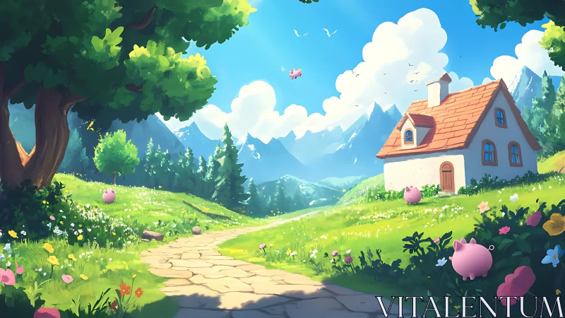 Pastel pigs meander through a sunlit mountain meadow dream