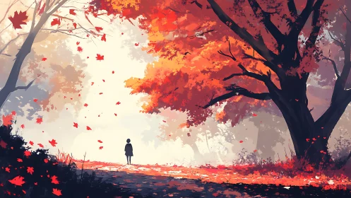 Backlit autumn forest corridor frames solitary silhouetted figure