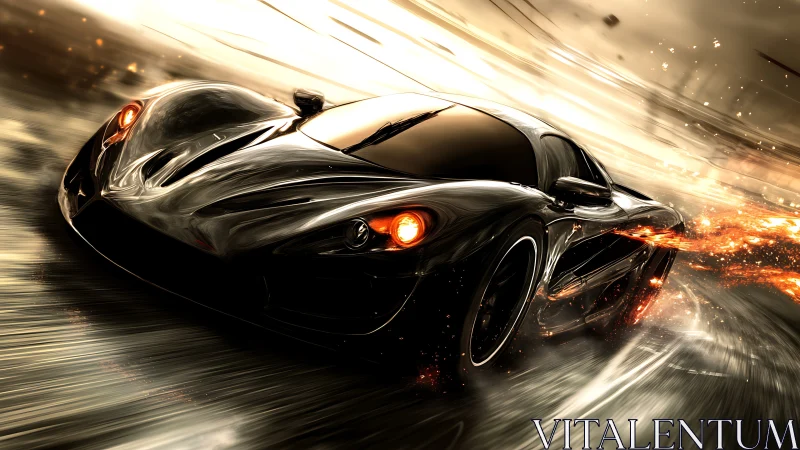 Midnight supercar streaking through firelit city rain.