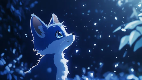 Blue fox cub observing glowing night particles calmly.