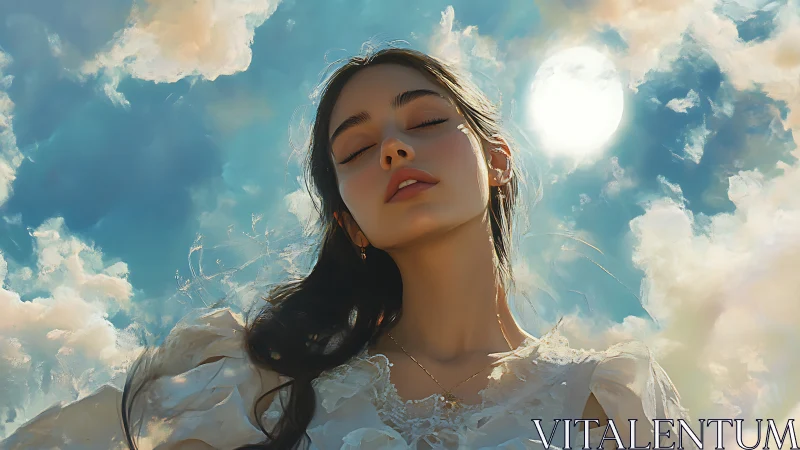 Dreaming woman under luminous sunlit cloudscape sky.