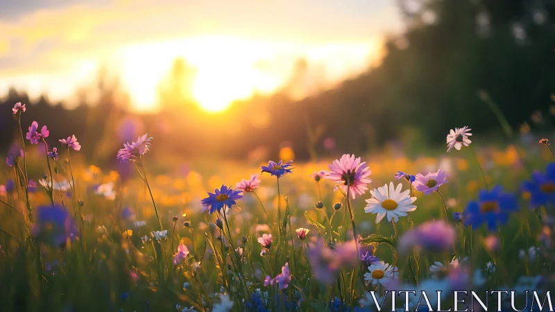 Wildflower meadow at golden hour with colorimetric depth variation.