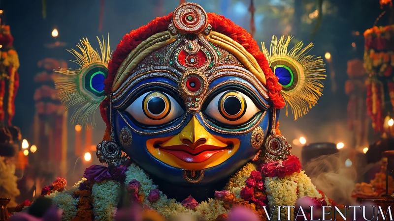 Colorful deity mask with ornate jewels and floral garlands