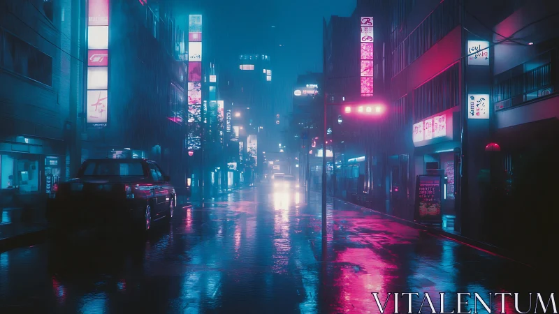 Neon lit urban street in heavy rain with reflective roadway.