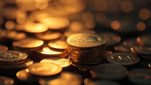 Stacked euro coins glow under warm bokeh financial lighting