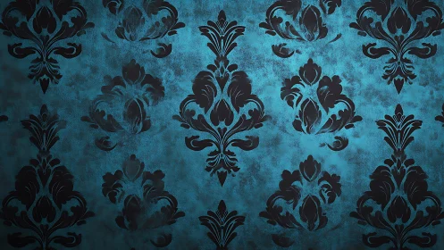 Ornamental damask pattern on textured teal background surface.