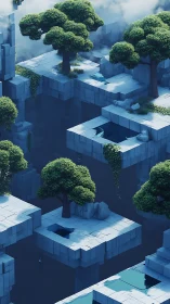 Floating stone platforms with lush green trees in misty void.