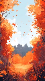 Autumn Forest Pathway with Falling Leaves and Light.