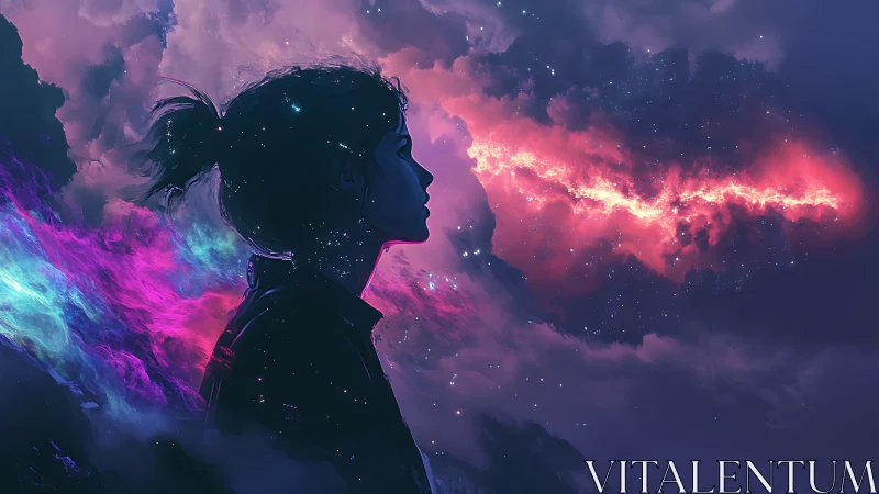 Silhouette studies cosmic rift under neon star-swept sky.