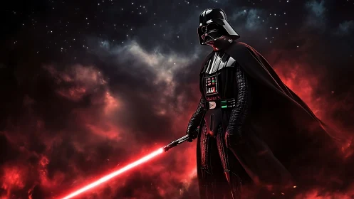 Armored dark figure holds red lightsaber in fiery nebula