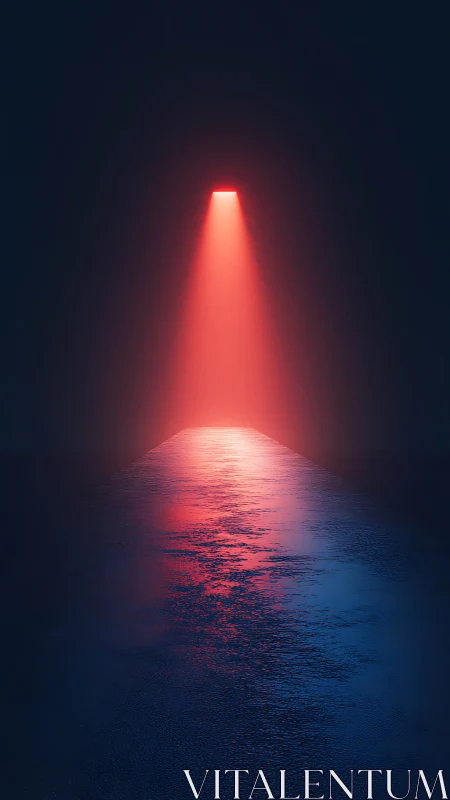 Red spotlight corridor over reflective blue water surface.