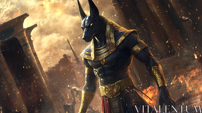 Mighty jackal-headed god strides through blazing ruins calmly