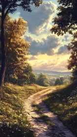 Sunlit country path curls softly toward a dreaming horizon