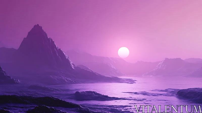 3D alien coastline at violet dusk with backlit mountain forms.