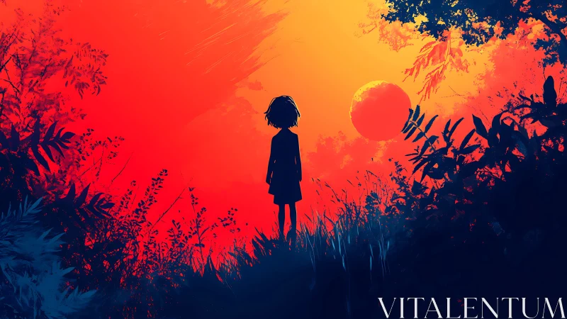 Young dreamer watches a blazing orange sunset in quiet wonder