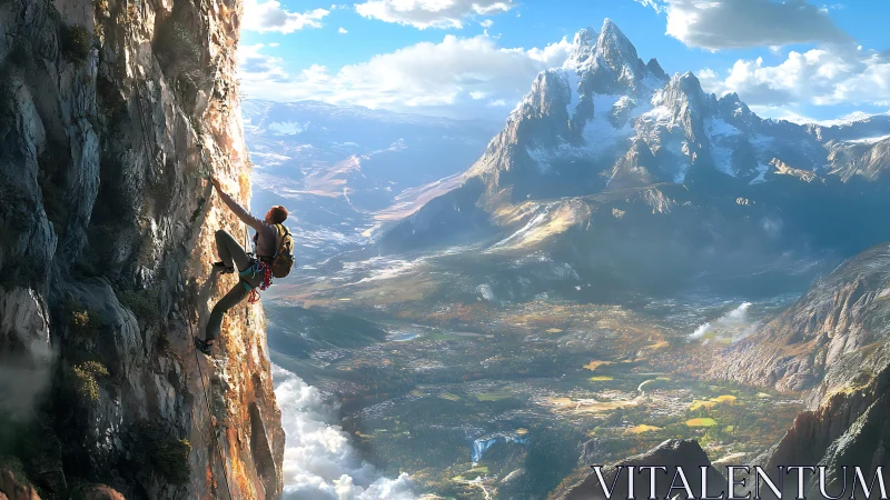 Mountain climber scaling sunlit cliff above alpine valley.