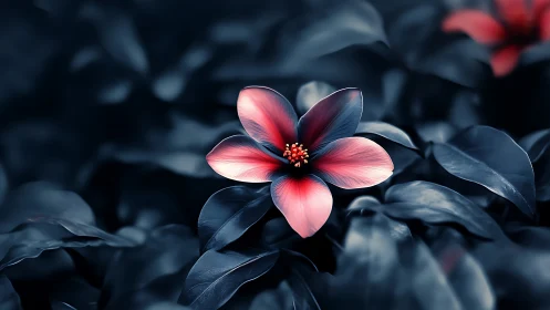 Pink flower bloom against dark foliage background in selective focus