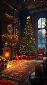 Christmas tree and fireplace in decorated wood paneled room.