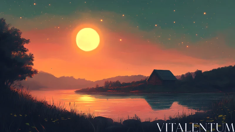 Luminous riverside moonrise with spectral cabin reflection.