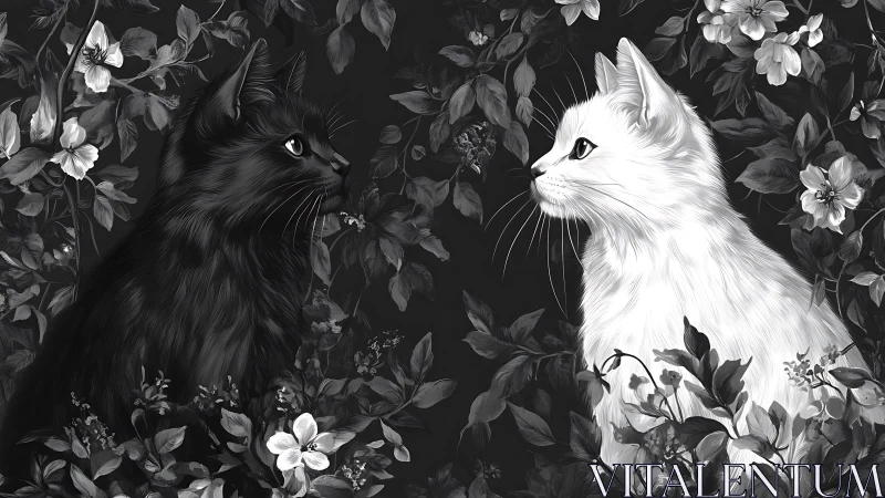 Monochromatic Felidae Duality: Black and White Cats Among Floral.